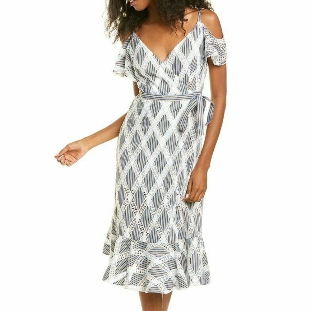 Sandro Illa Midi Dress Small‎ Blue White Striped Preppy Parisian Resort Ruffle
